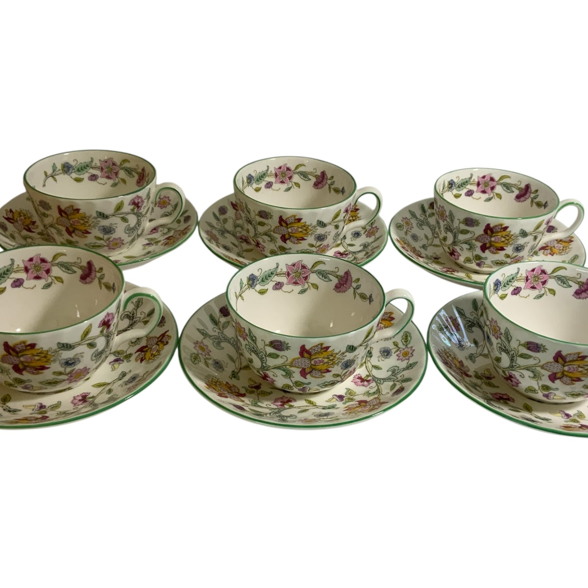 Vintage Minton Haddon Hall Flat Cup & Saucer Set of 6 Fine Bone China Green Trim England 1948-2011