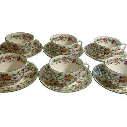 Vintage Minton Haddon Hall Flat Cup & Saucer Set of 6 Fine Bone China Green Trim England 1948-2011