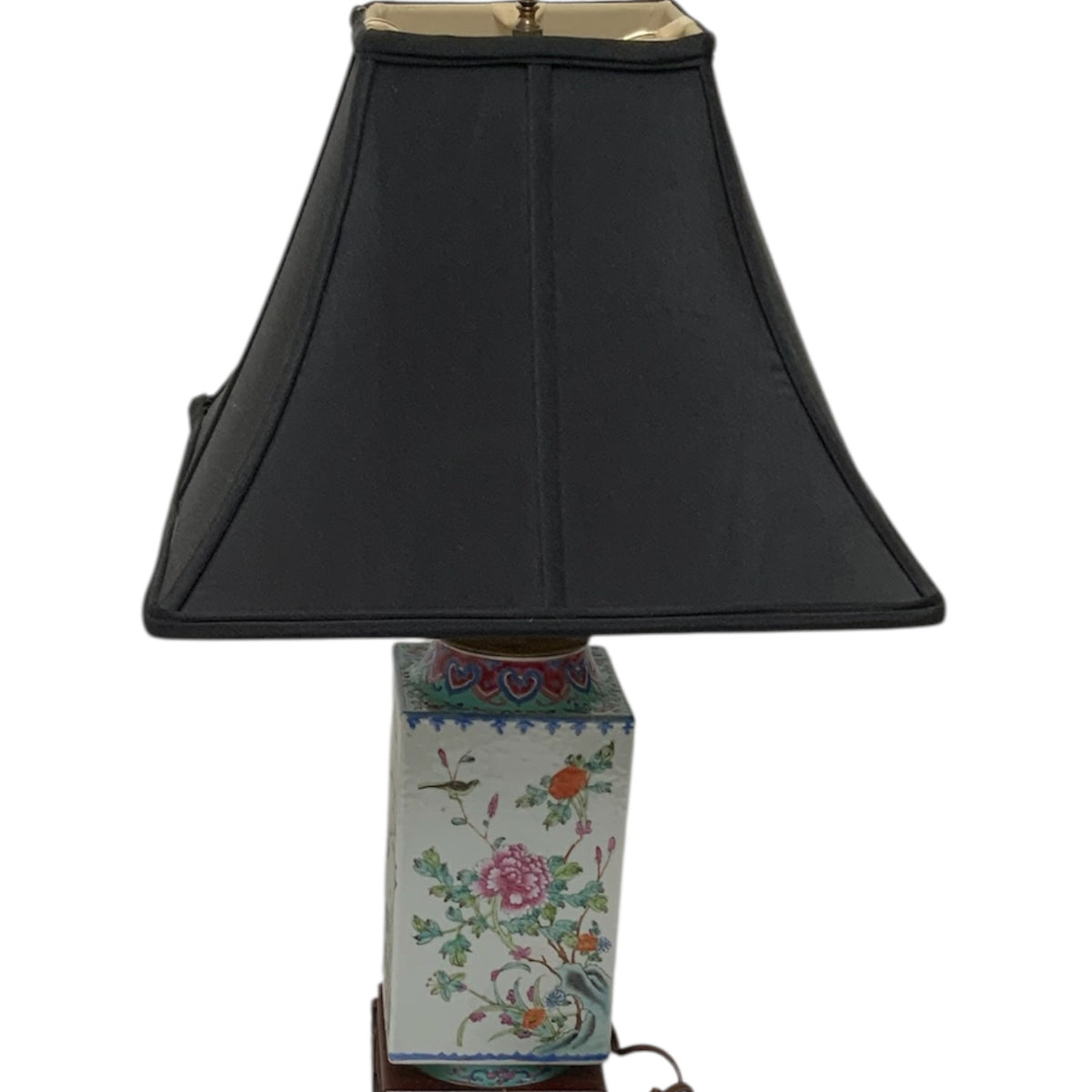 Antique Chinese Republic Period Famille Rose Four Seasons Porcelain Lamp Pagoda Shade Celluloid Rose Finial c1920s-1930s