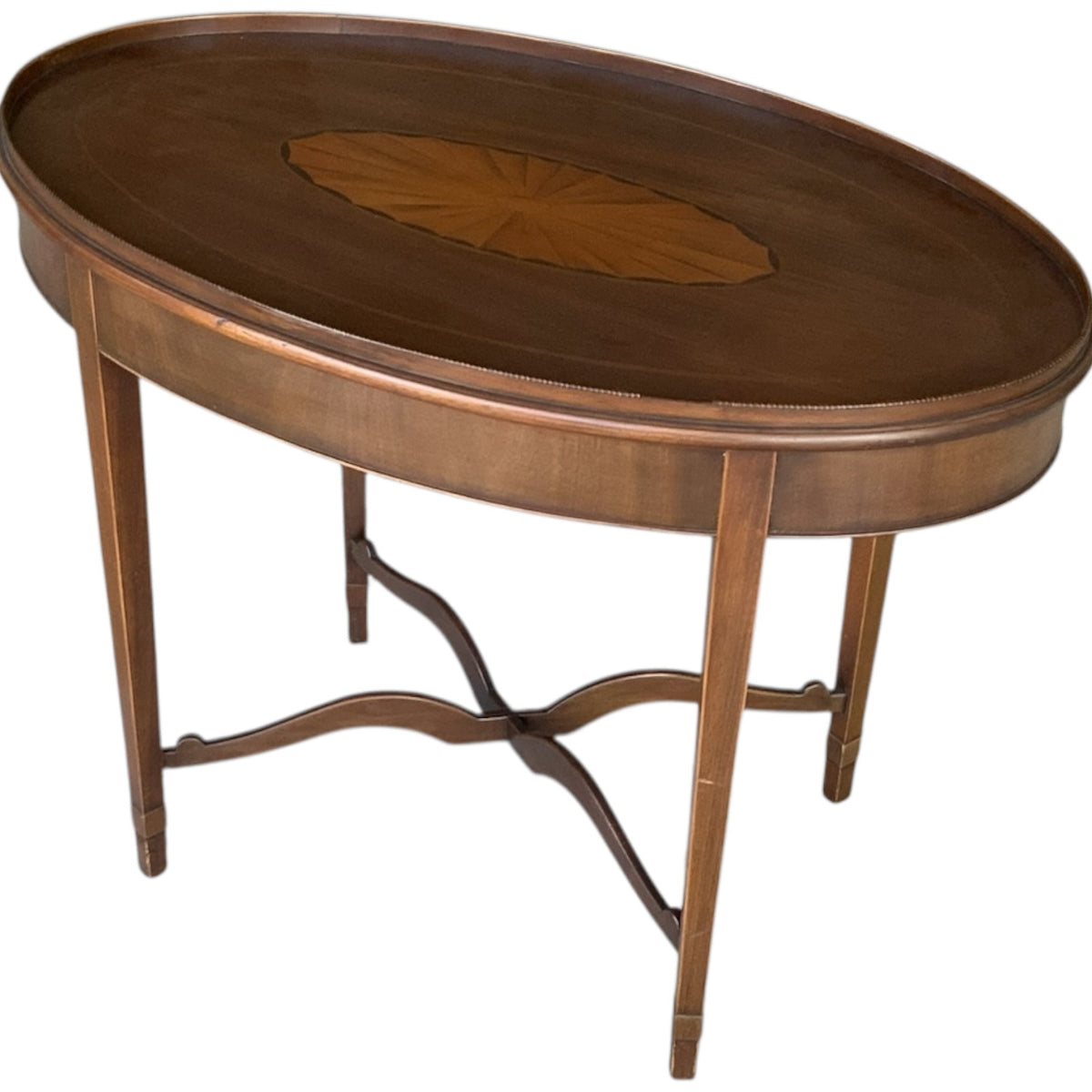Antique English Edwardian Mahogany & Satinwood Marquetry Oval Occasional Table England c. 1900