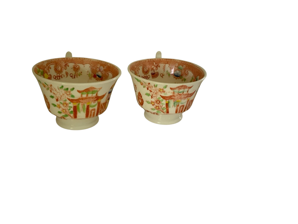 Antique Hilditch & Son Chinoiserie Porcelain Teacups Pair Made in Staffordshire England c.1825