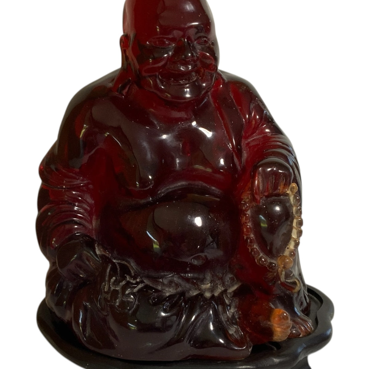 Vintage Mid-Century Large Translucent Red Resin Laughing Buddha Statue on Carved Wood Base China c. 1960s