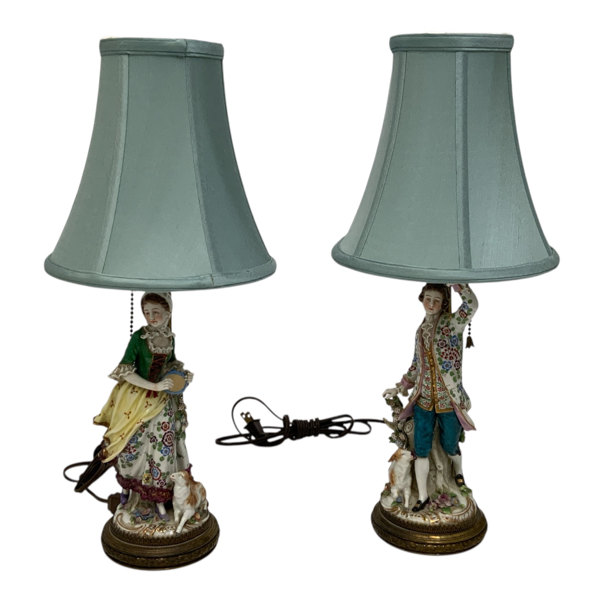 Pair Antique Samson of Paris Chelsea-Style Porcelain Shepherd & Shepherdess Table Lamps w/Shades France c. 1900