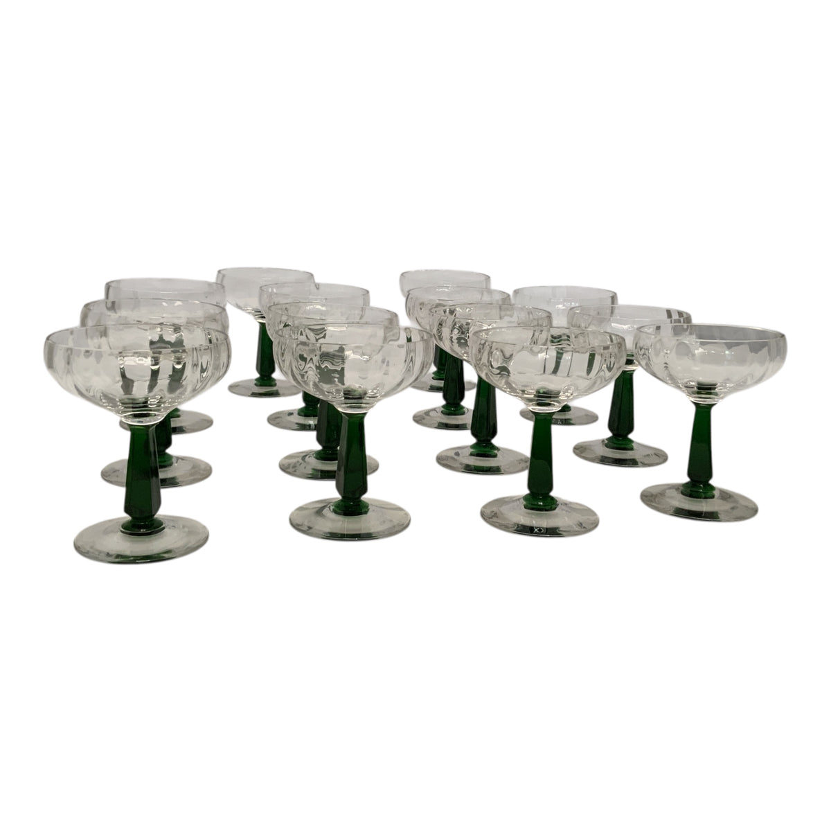 MCM Bryce Holiday Green Stem Champagne Tall Sherbet Glasses Set of 14 USA c. 1950s-1960s Mid Century Modern