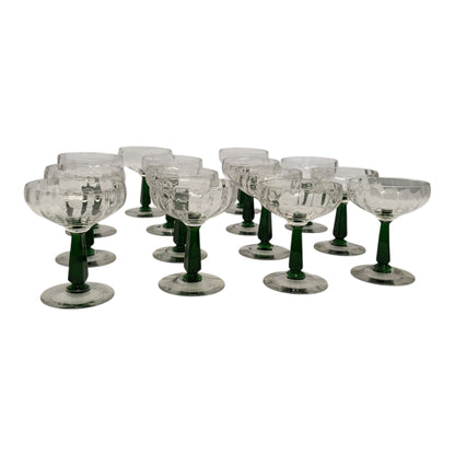MCM Bryce Holiday Green Stem Champagne Tall Sherbet Glasses Set of 14 USA c. 1950s-1960s Mid Century Modern