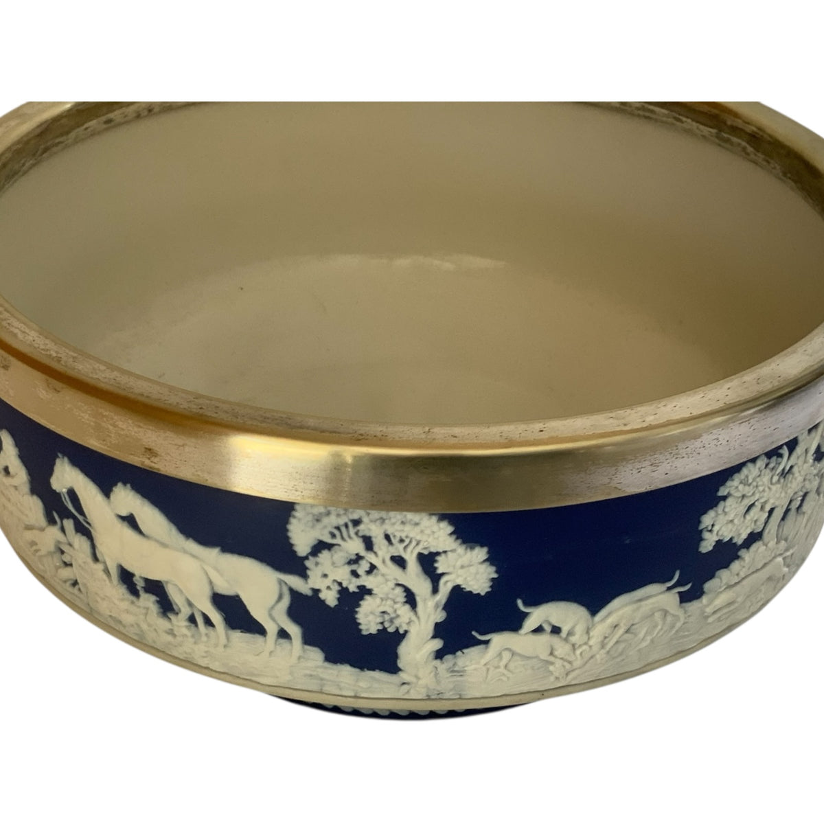 Antique William Adams Tunstall Blue Jasperware 9” Salad Bowl Set w/ Matching Silverplate Serving Fork & Spoon c.1900 Fox Hunt