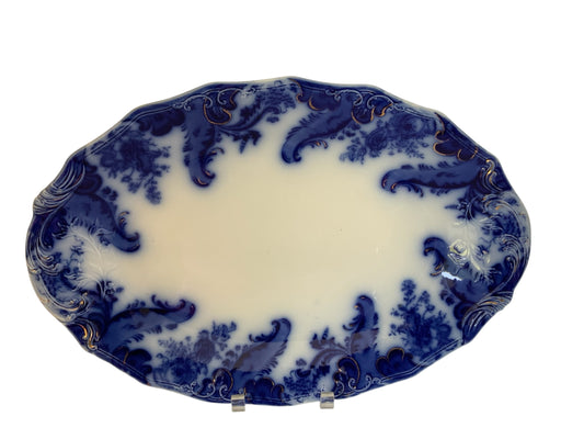 Antique W.H. Grindley Flow Blue Argyle 17" Oval Serving Turkey Platter c. 1895 Made in Staffordshire England