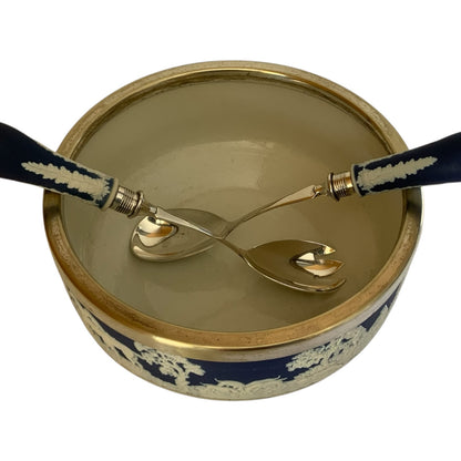 Antique William Adams Tunstall Blue Jasperware 9” Salad Bowl Set w/ Matching Silverplate Serving Fork & Spoon c.1900 Fox Hunt