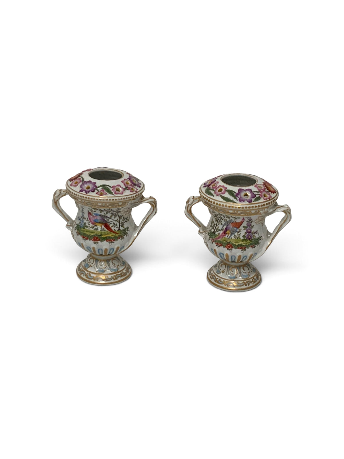 Antique Pair Edmé Samson Paris Chelsea-Style Porcelain Bird Potpourri Urns France c. 1885-1920