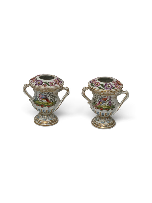 Antique Pair Edmé Samson Paris Chelsea-Style Porcelain Bird Potpourri Urns France c. 1885-1920