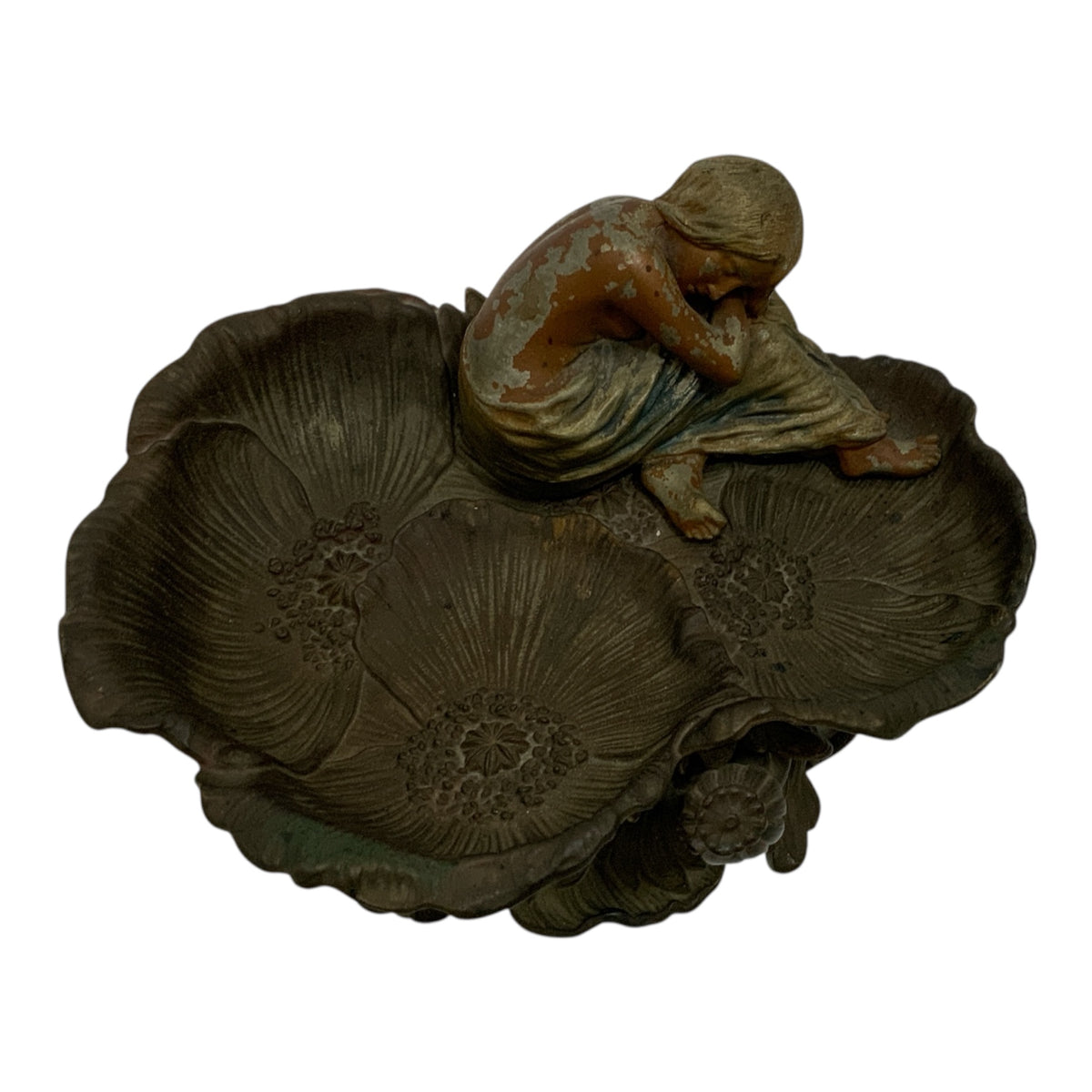 French Art Nouveau Cast Iron Figural Poppy Blossom Centerpiece with Resting Maiden c. 1900