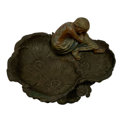 French Art Nouveau Cast Iron Figural Poppy Blossom Centerpiece with Resting Maiden c. 1900