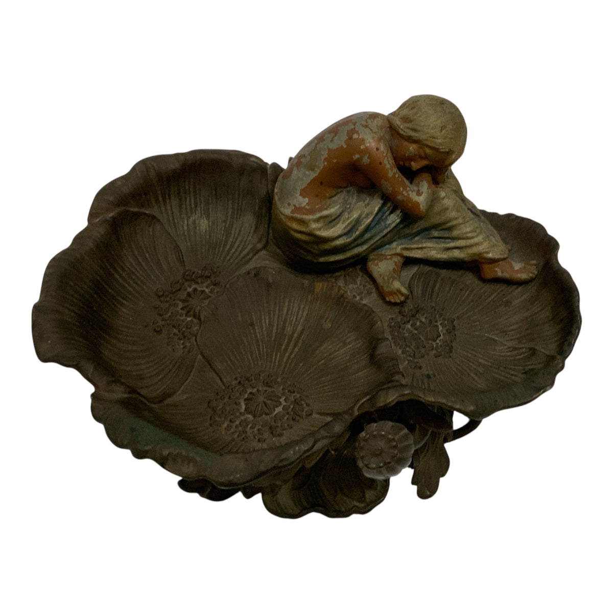 French Art Nouveau Cast Iron Figural Poppy Blossom Centerpiece with Resting Maiden c. 1900