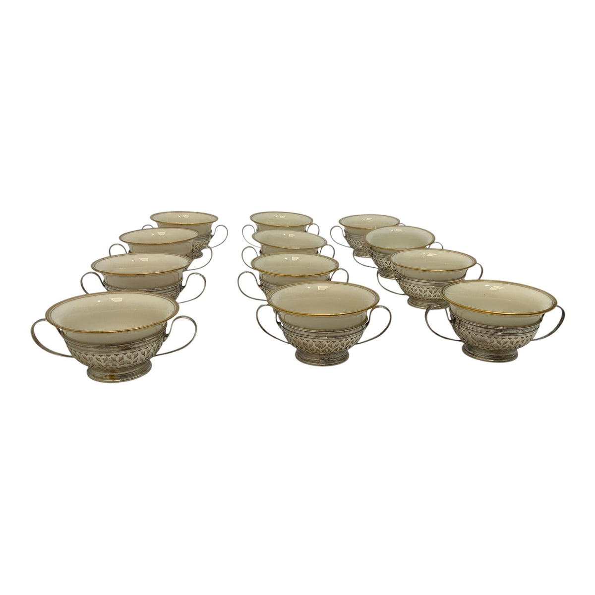 Antique Set of 12 Gorham Sterling Silver Pierced Bouillon Cup Holders with Lenox Porcelain Liners America 1900-1920