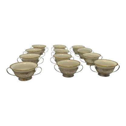 Antique Set of 12 Gorham Sterling Silver Pierced Bouillon Cup Holders with Lenox Porcelain Liners America 1900-1920