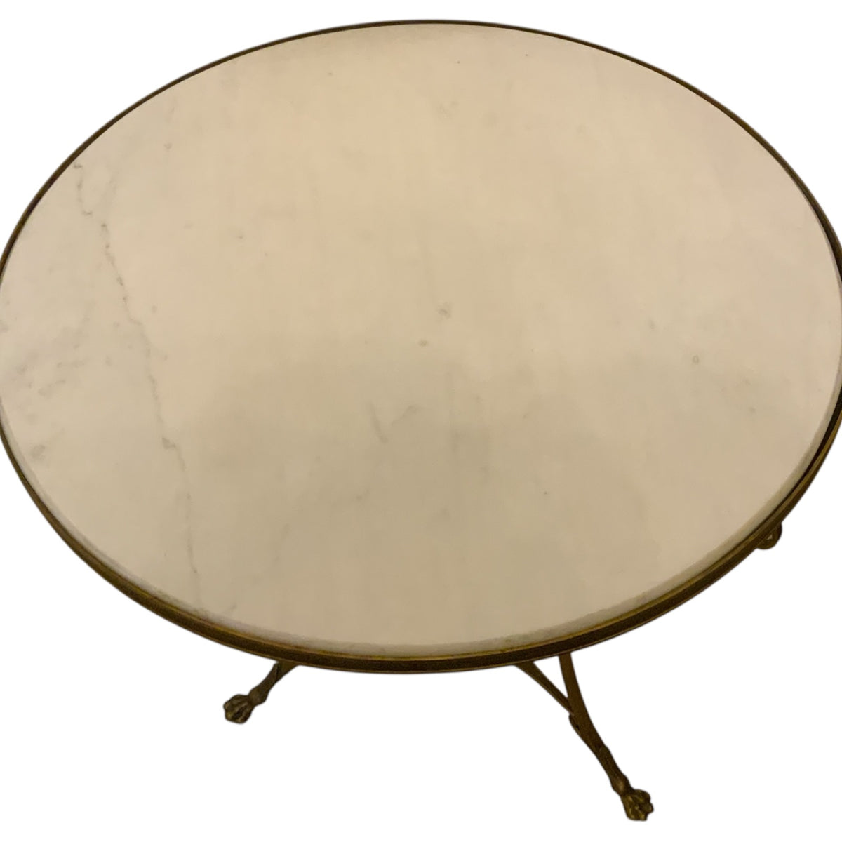 Vintage Hollywood Regency French Style Gilt Bronze & White Marble Gueridon Table Manner of Maison Jansen 26” Round 1960s-1980s