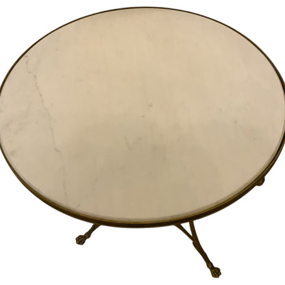 Vintage Hollywood Regency French Style Gilt Bronze & White Marble Gueridon Table Manner of Maison Jansen 26” Round 1960s-1980s