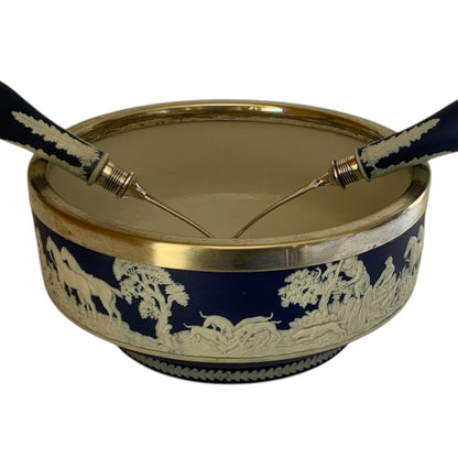 Antique William Adams Tunstall Blue Jasperware 9” Salad Bowl Set w/ Matching Silverplate Serving Fork & Spoon c.1900 Fox Hunt