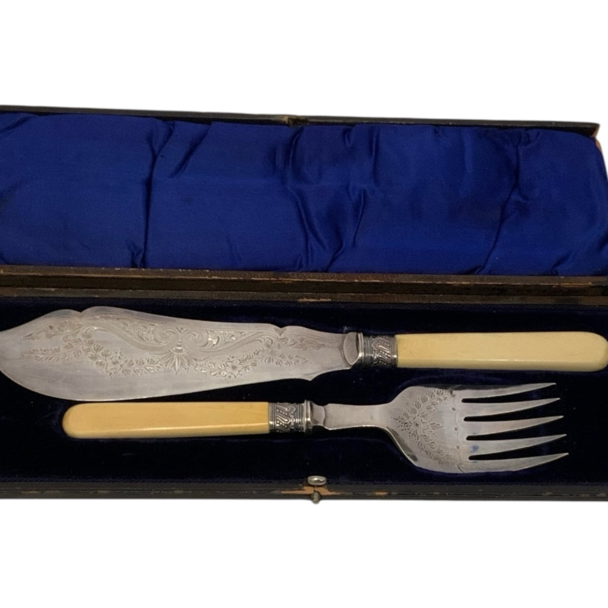 Antique English Victorian H&S EP Silver Plate Fish Serving Knife & Fork Set Bone Handles Orig. Case c. 1880-1900