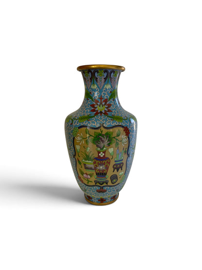 Vintage Large 15.25" Chinese Cloisonne Vase Turquoise Yellow Floral Pot Motif Vintage c.1970s-1980s