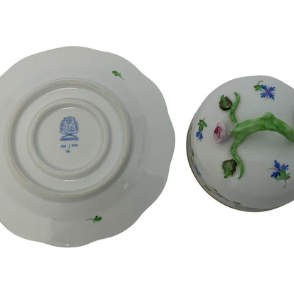 Herend Hungary Blue Garland (PBG) Round Covered Butter Dish with Rosebud Finial c. 1980s