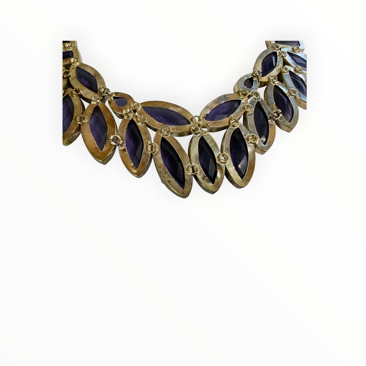 Vintage Sterling Silver 925 Purple Gemstone Amethyst Statement Bib Necklace 129g India 1970s