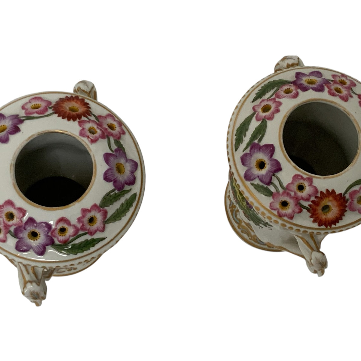 Antique Pair Edmé Samson Paris Chelsea-Style Porcelain Bird Potpourri Urns France c. 1885-1920