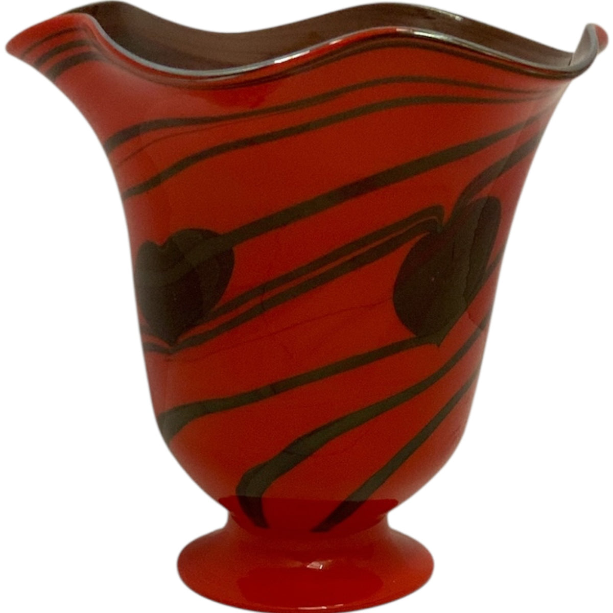Vintage Hand Blown Studio Art Cased Glass Heart & Vine Ruffled Applied Bottom Vessel c. 1970s