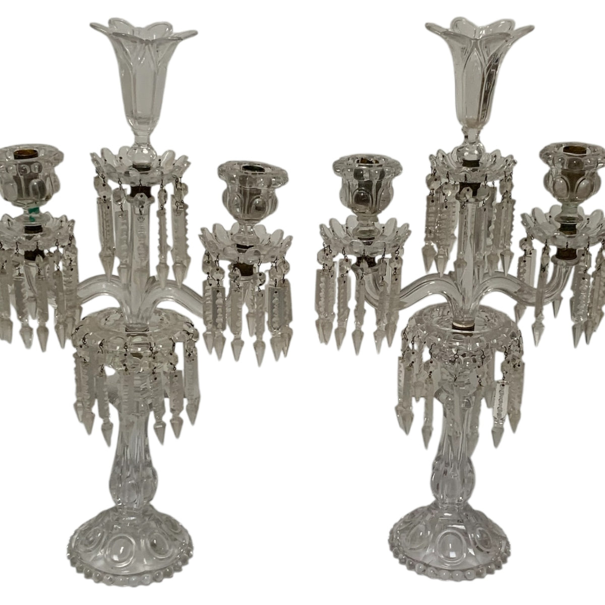 Vintage Pair 14" Modular Crystal 3-Light Candelabras Threaded European Lead Crystal Complete with Prisms