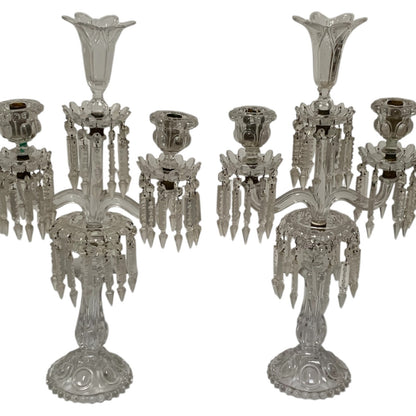 Vintage Pair 14" Modular Crystal 3-Light Candelabras Threaded European Lead Crystal Complete with Prisms