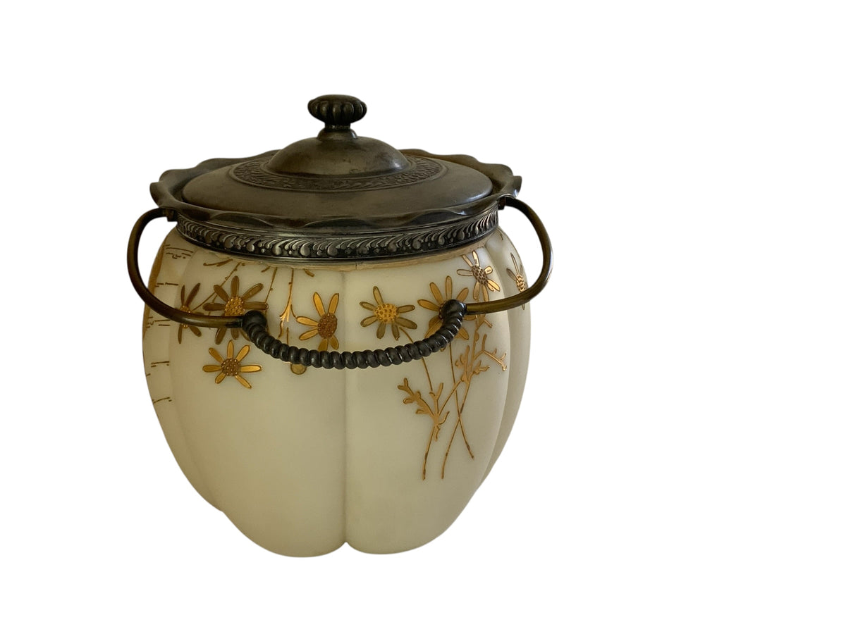 Antique Mt Washington Smith Brothers Unmarked Crown Milano Glass Biscuit Jar 4402 Maiden Gold c. 1890s