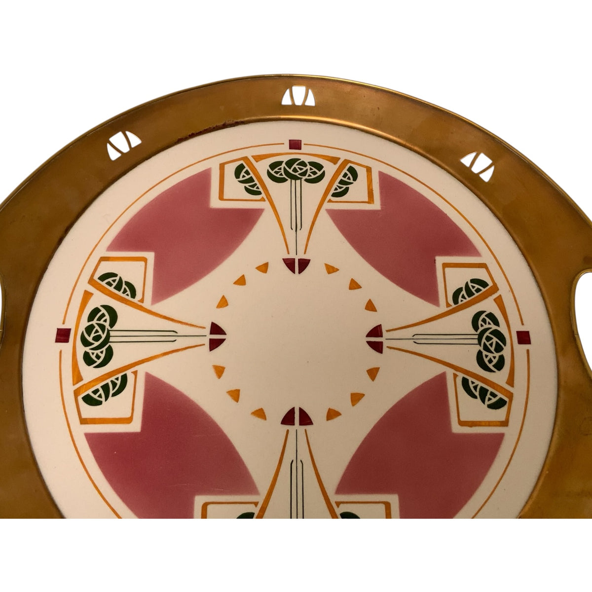 Antique German Jugendstil Wächtersbach Attributed Ceramic & Pierced Brass Tray c. 1905-1920