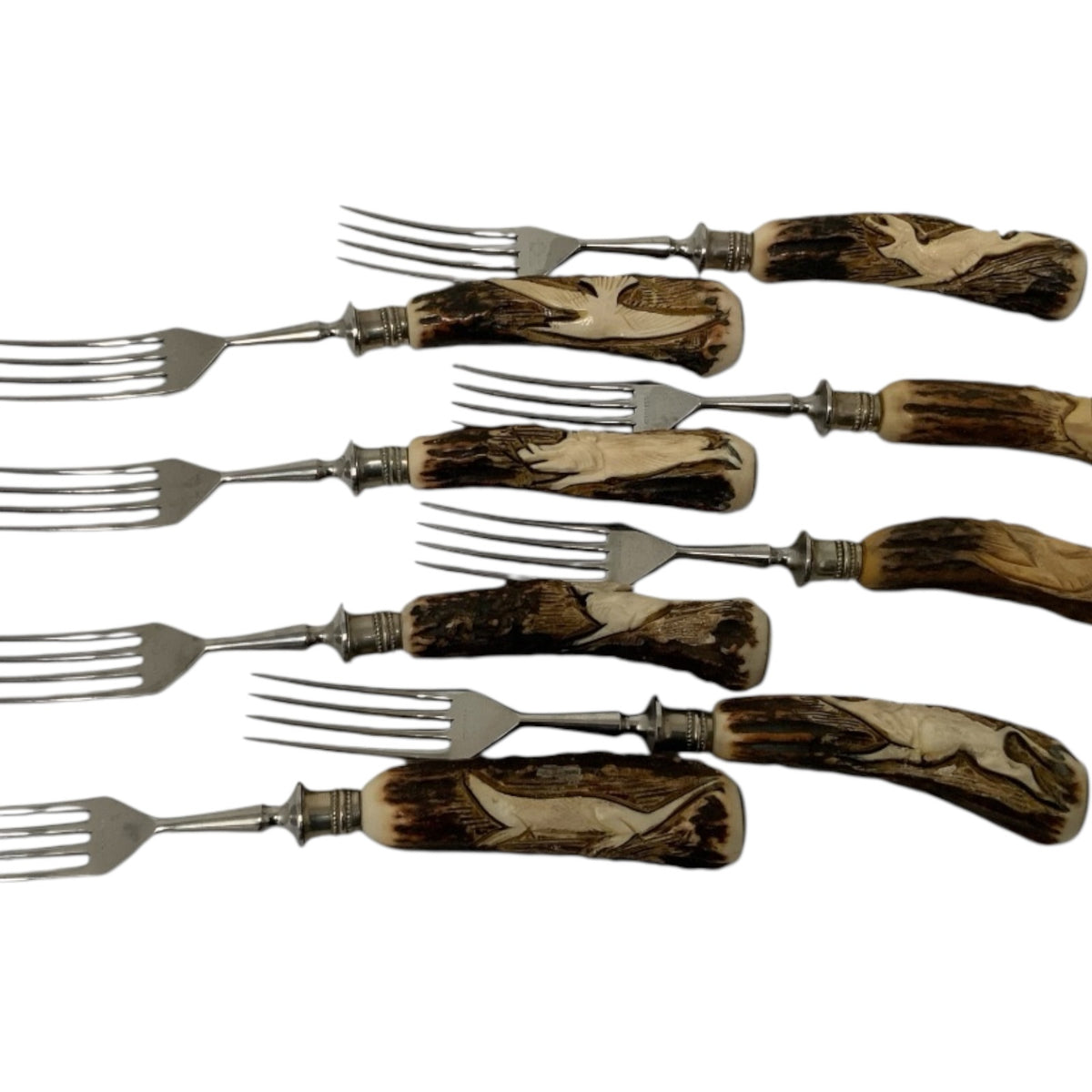 Vintage German Hand-Carved Stag Antler Hunting Dinner Forks Set of 8 c. 1950-1970
