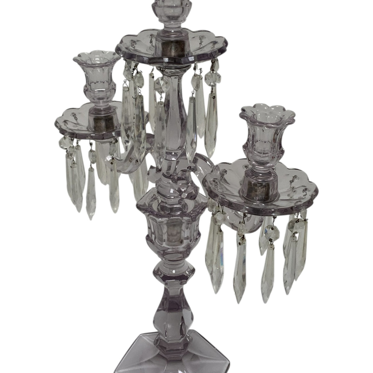 Antique Heisey Glass Puritan 3-Light Candelabra #300 Complete Prisms Sun Purple Tint c.1904-1915