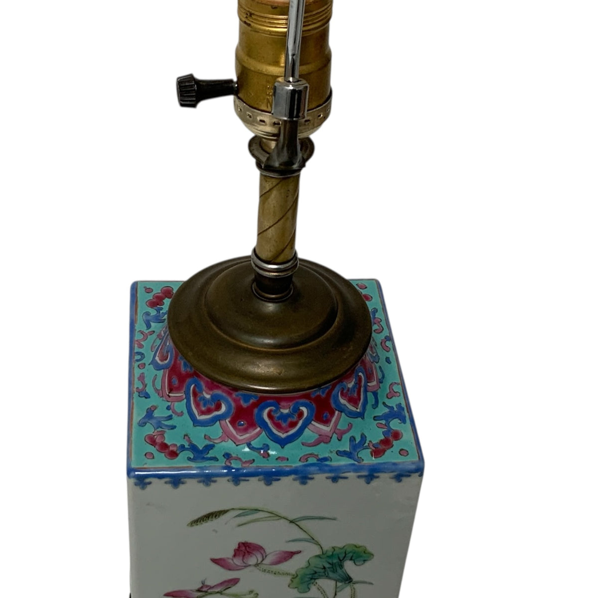 Antique Chinese Republic Period Famille Rose Four Seasons Porcelain Lamp Pagoda Shade Celluloid Rose Finial c1920s-1930s