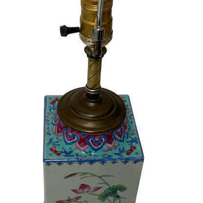 Antique Chinese Republic Period Famille Rose Four Seasons Porcelain Lamp Pagoda Shade Celluloid Rose Finial c1920s-1930s