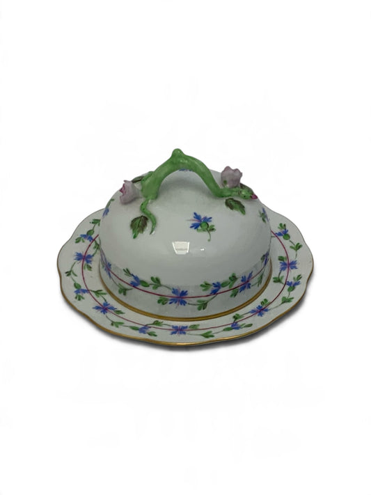 Herend Hungary Blue Garland (PBG) Round Covered Butter Dish with Rosebud Finial c. 1980s