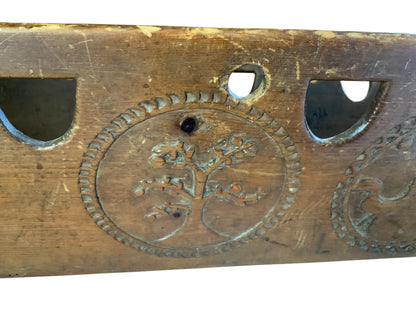 Antique 19th C European Folk Art Rocking Cradle Hand Carved Wood Catholic Iconography and Monogram