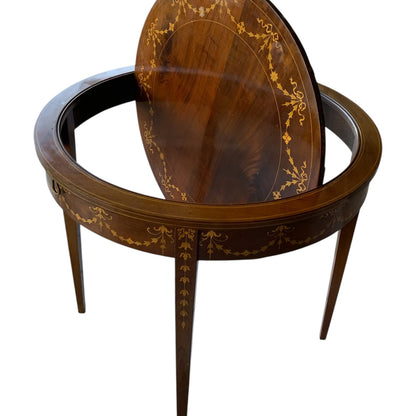 Antique Rare English Sheraton Revival Mahogany & Marquetry Circular Pivoting-Center Games Table 19th Century