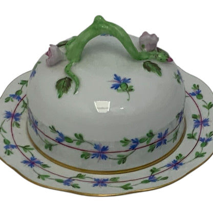 Herend Hungary Blue Garland (PBG) Round Covered Butter Dish with Rosebud Finial c. 1980s