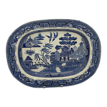 Antique Ridgway Blue Willow Porcelain Ironstone Serving Platter 18” - Large Turkey Meat Platter Semi China England c. 1885-1890