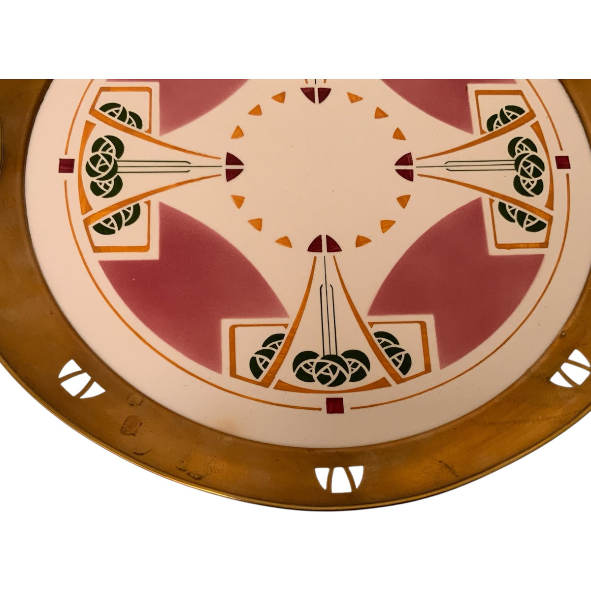Antique German Jugendstil Wächtersbach Attributed Ceramic & Pierced Brass Tray c. 1905-1920