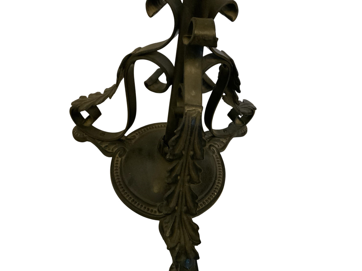 Vintage 1920s Spanish Revival Wrought Iron Bridge Floor Lamp with Ruffled Sunset Art Glass Shade Adjustable 55" - 67" 1920s-1930s