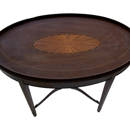 Antique English Edwardian Mahogany & Satinwood Marquetry Oval Occasional Table England c. 1900