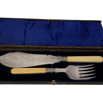 Antique English Victorian H&S EP Silver Plate Fish Serving Knife & Fork Set Bone Handles Orig. Case c. 1880-1900