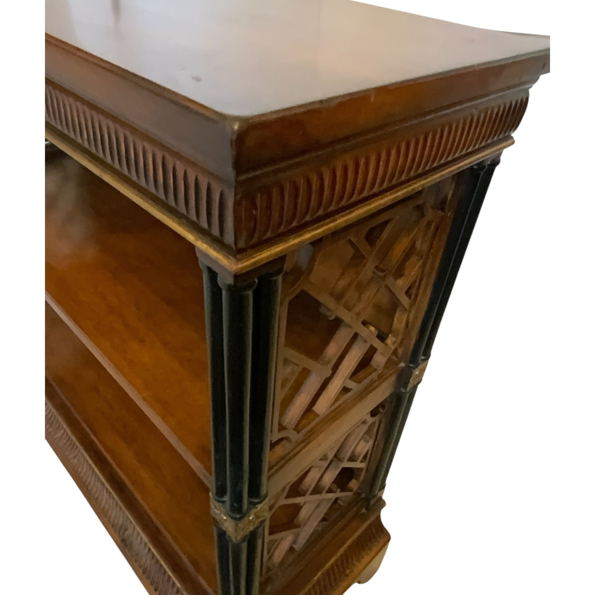 Vintage John-Richard Regency Chinese Chippendale Mahogany Open Bookcase with Fretwork & Gilt Accents USA 1990s-2000s