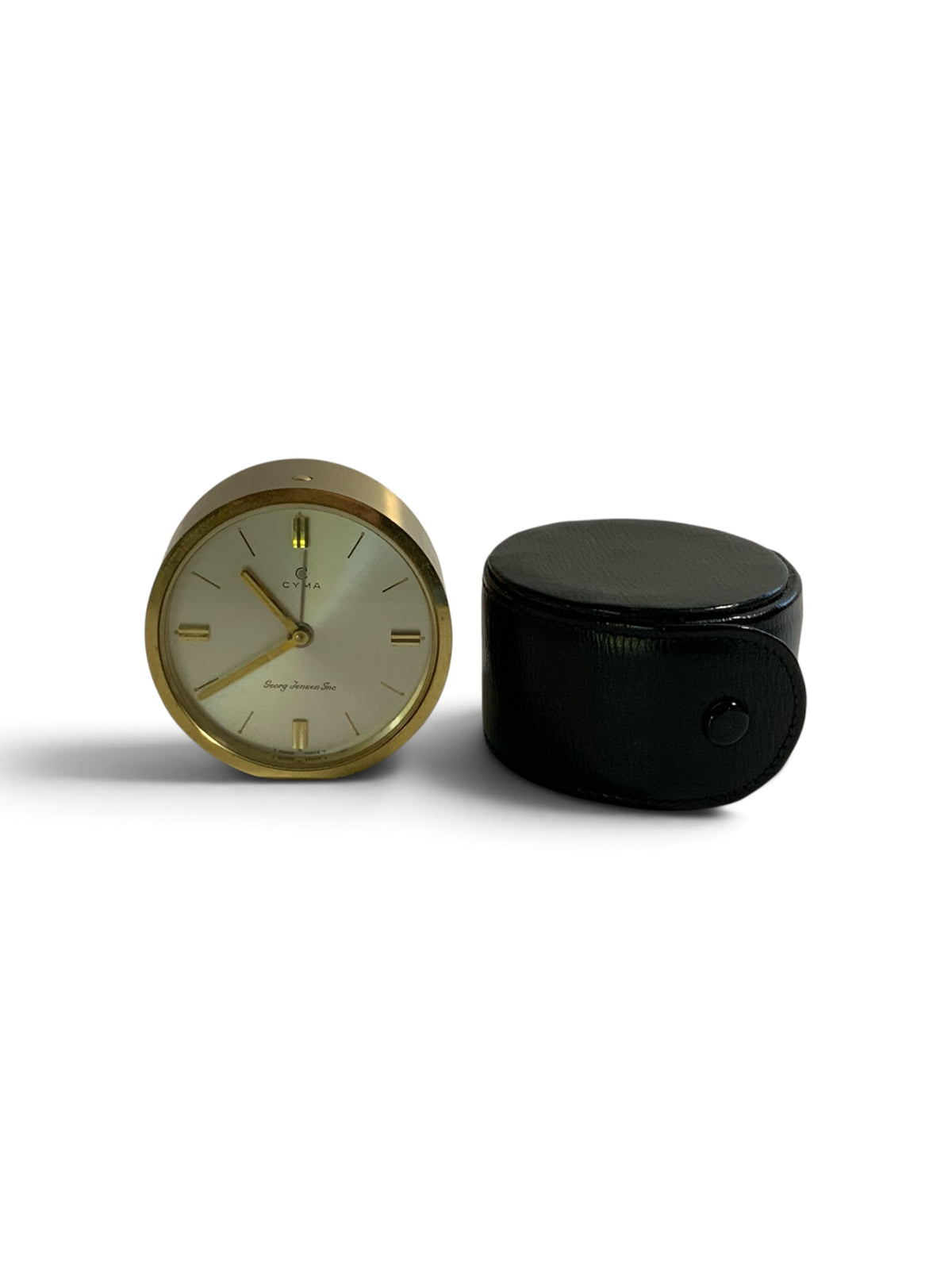 Rare Vintage CYMA 11-Jewel Swiss Mechanical Travel Alarm Clock Georg Jensen Inc. MCM w/Case 1950s-1960s