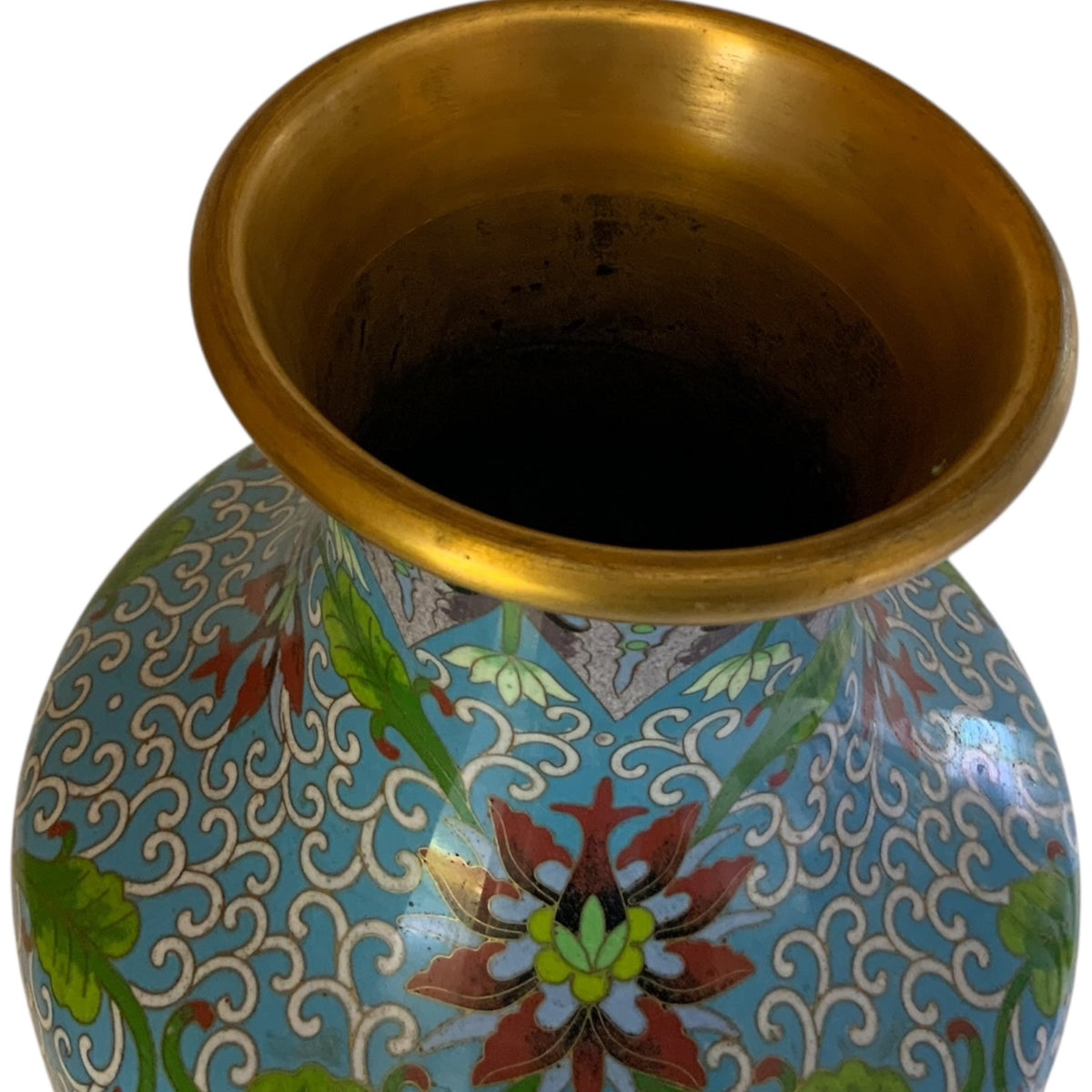 Vintage Large 15.25" Chinese Cloisonne Vase Turquoise Yellow Floral Pot Motif Vintage c.1970s-1980s