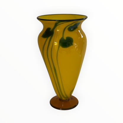 Rick Strini Signed 2004 Hand-Blown Art Glass Vase 11.25" Yellow, Amber & Green Botanical Design USA