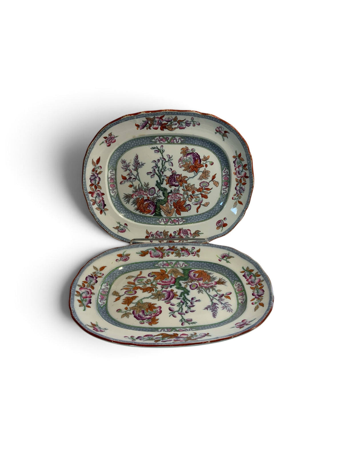 Rare Pair of Antique Minton BB New Stone 11" Oval Serving Platters – Chinoiserie Floral Pattern 41723, c. 1858-1860